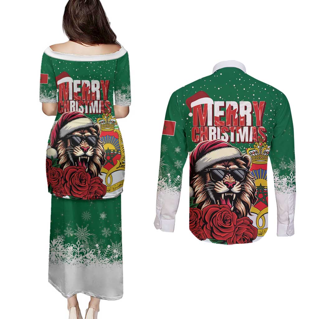 Morocco Christmas Couples Matching Puletasi and Long Sleeve Button Shirt Santa Lion With Rose Xmas Vibe - Wonder Print Shop