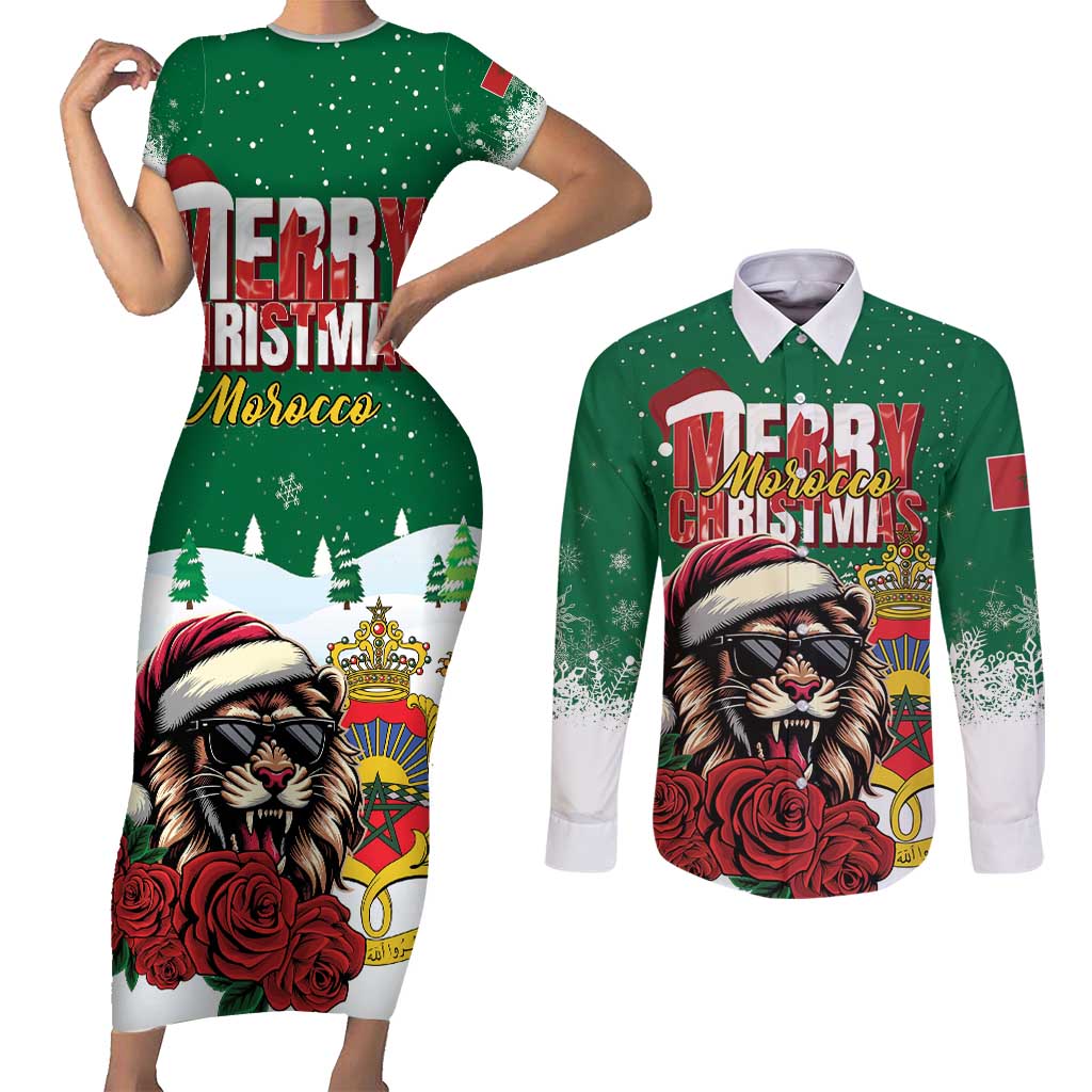 Morocco Christmas Couples Matching Short Sleeve Bodycon Dress and Long Sleeve Button Shirt Santa Lion With Rose Xmas Vibe - Wonder Print Shop