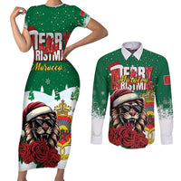 Morocco Christmas Couples Matching Short Sleeve Bodycon Dress and Long Sleeve Button Shirt Santa Lion With Rose Xmas Vibe - Wonder Print Shop