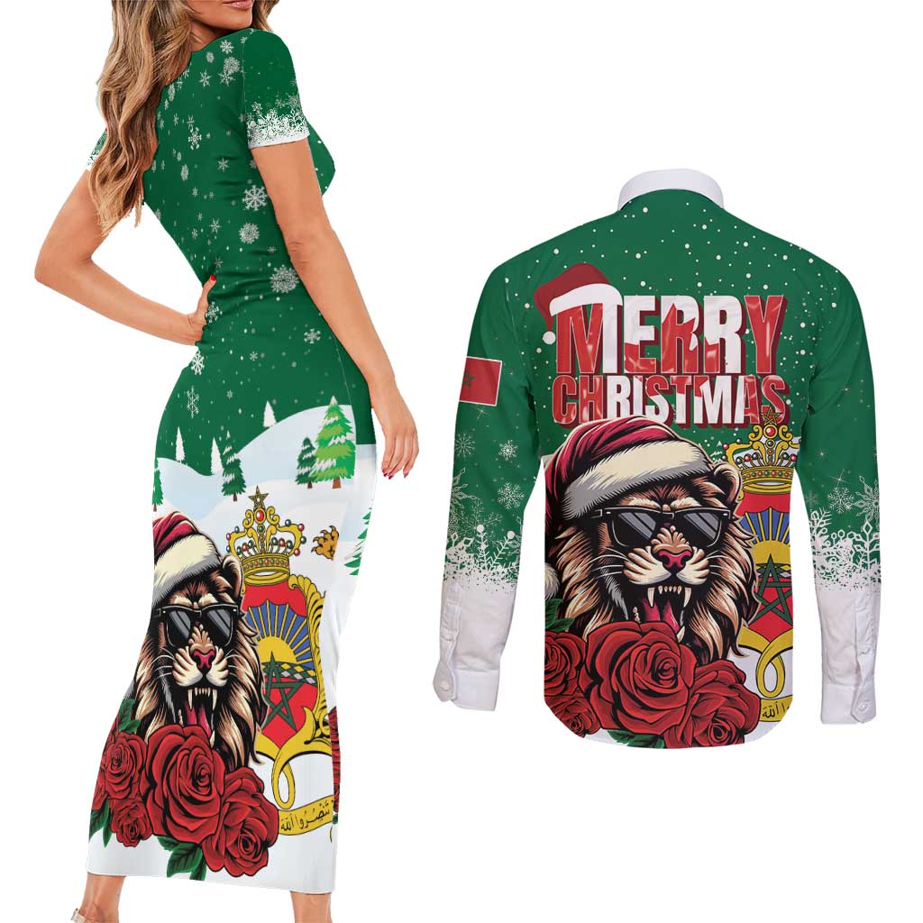 Morocco Christmas Couples Matching Short Sleeve Bodycon Dress and Long Sleeve Button Shirt Santa Lion With Rose Xmas Vibe - Wonder Print Shop