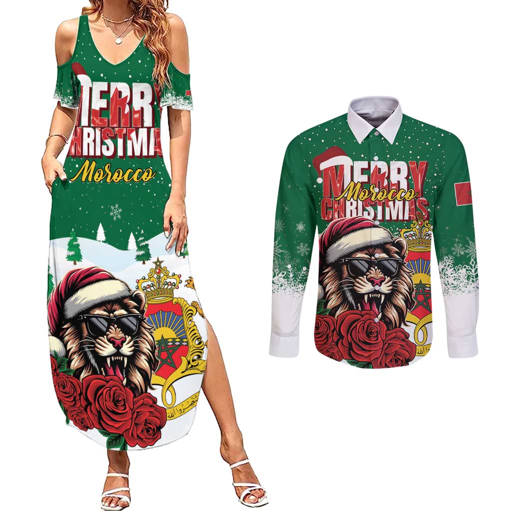 Morocco Christmas Couples Matching Summer Maxi Dress and Long Sleeve Button Shirt Santa Lion With Rose Xmas Vibe - Wonder Print Shop