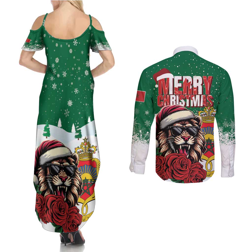 Morocco Christmas Couples Matching Summer Maxi Dress and Long Sleeve Button Shirt Santa Lion With Rose Xmas Vibe - Wonder Print Shop