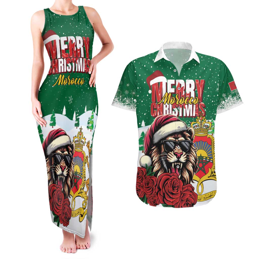 Morocco Christmas Couples Matching Tank Maxi Dress and Hawaiian Shirt Santa Lion With Rose Xmas Vibe - Wonder Print Shop