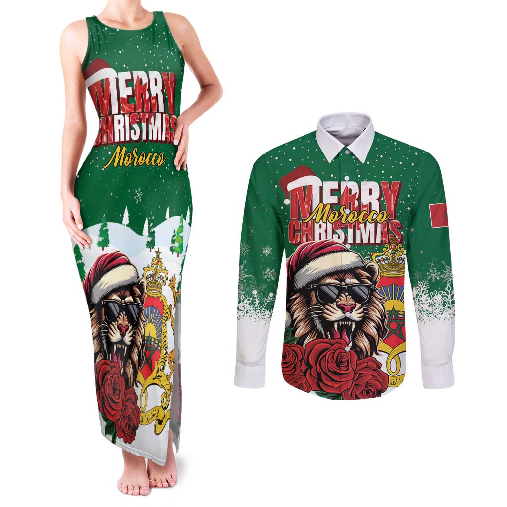 Morocco Christmas Couples Matching Tank Maxi Dress and Long Sleeve Button Shirt Santa Lion With Rose Xmas Vibe - Wonder Print Shop