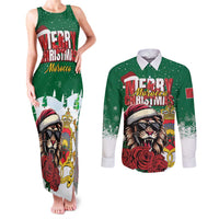 Morocco Christmas Couples Matching Tank Maxi Dress and Long Sleeve Button Shirt Santa Lion With Rose Xmas Vibe - Wonder Print Shop
