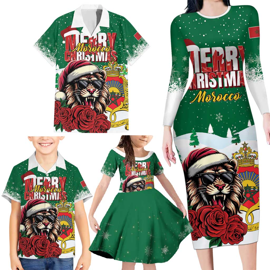 Morocco Christmas Family Matching Long Sleeve Bodycon Dress and Hawaiian Shirt Santa Lion With Rose Xmas Vibe - Wonder Print Shop