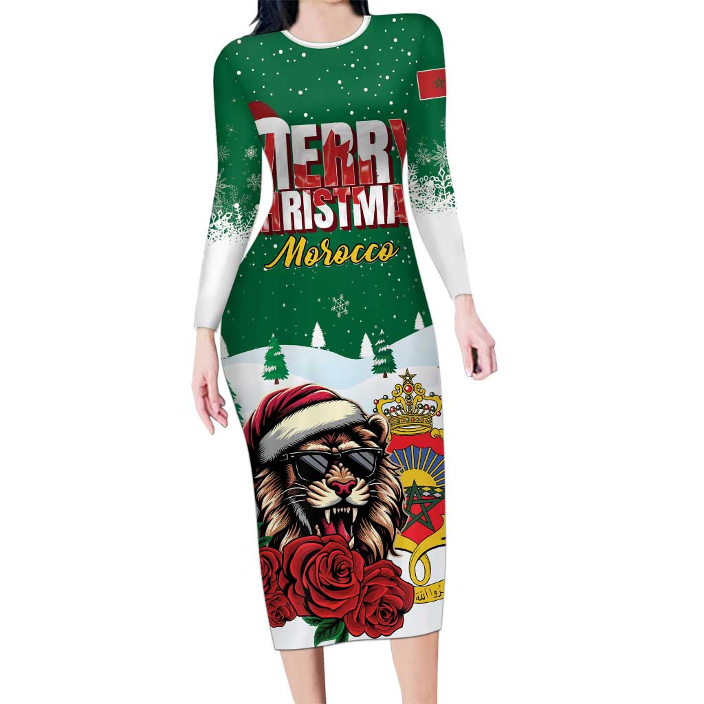 Morocco Christmas Family Matching Long Sleeve Bodycon Dress and Hawaiian Shirt Santa Lion With Rose Xmas Vibe - Wonder Print Shop