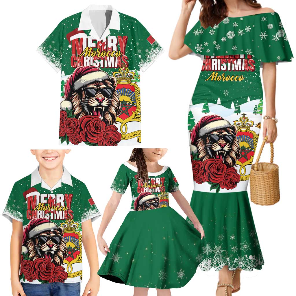Morocco Christmas Family Matching Mermaid Dress and Hawaiian Shirt Santa Lion With Rose Xmas Vibe - Wonder Print Shop
