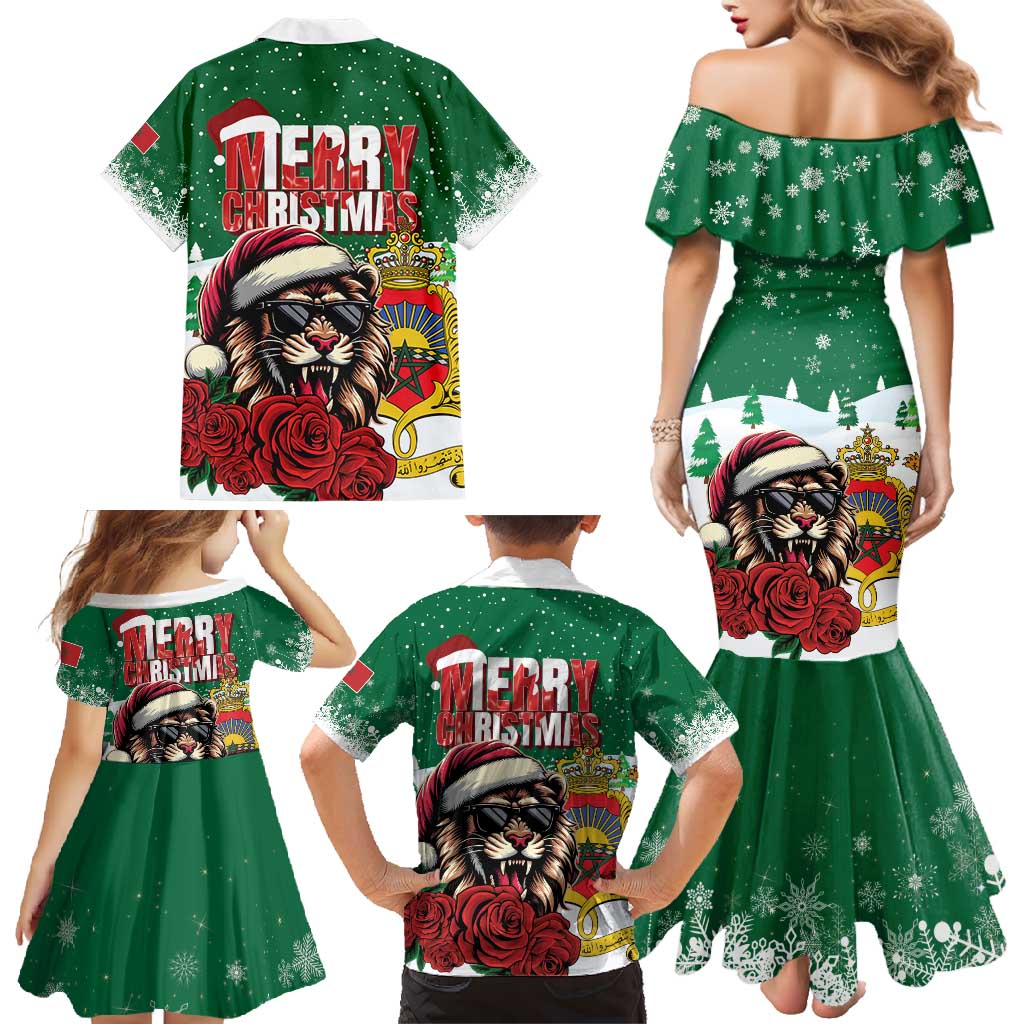 Morocco Christmas Family Matching Mermaid Dress and Hawaiian Shirt Santa Lion With Rose Xmas Vibe - Wonder Print Shop