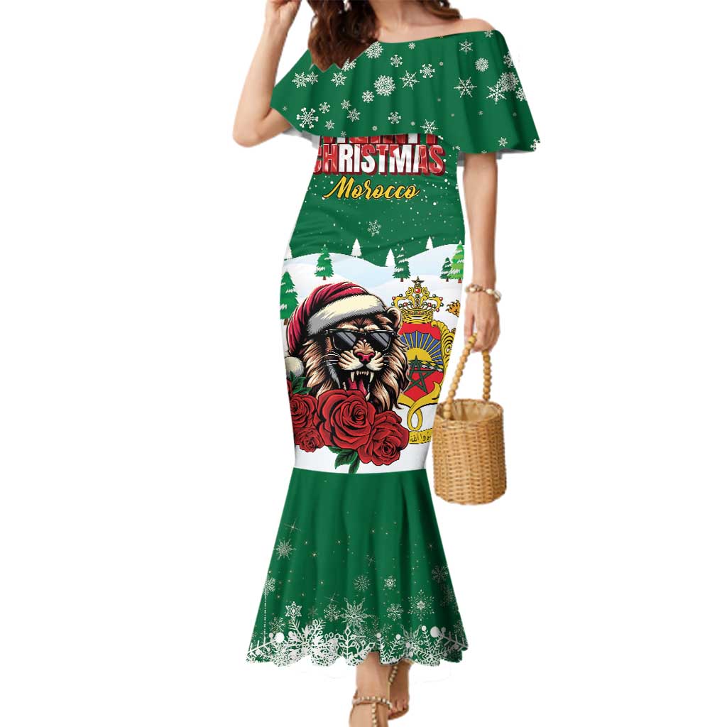 Morocco Christmas Family Matching Mermaid Dress and Hawaiian Shirt Santa Lion With Rose Xmas Vibe - Wonder Print Shop