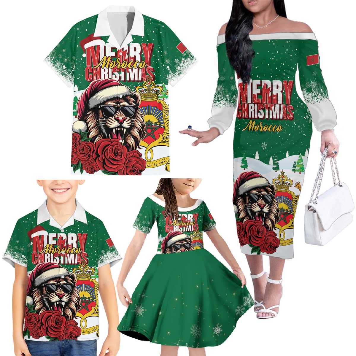 Morocco Christmas Family Matching Off The Shoulder Long Sleeve Dress and Hawaiian Shirt Santa Lion With Rose Xmas Vibe - Wonder Print Shop