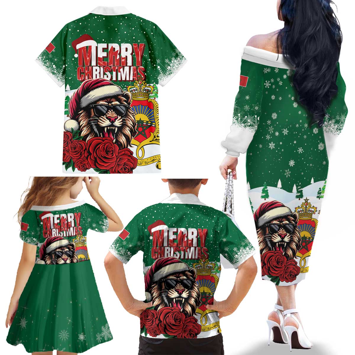 Morocco Christmas Family Matching Off The Shoulder Long Sleeve Dress and Hawaiian Shirt Santa Lion With Rose Xmas Vibe - Wonder Print Shop