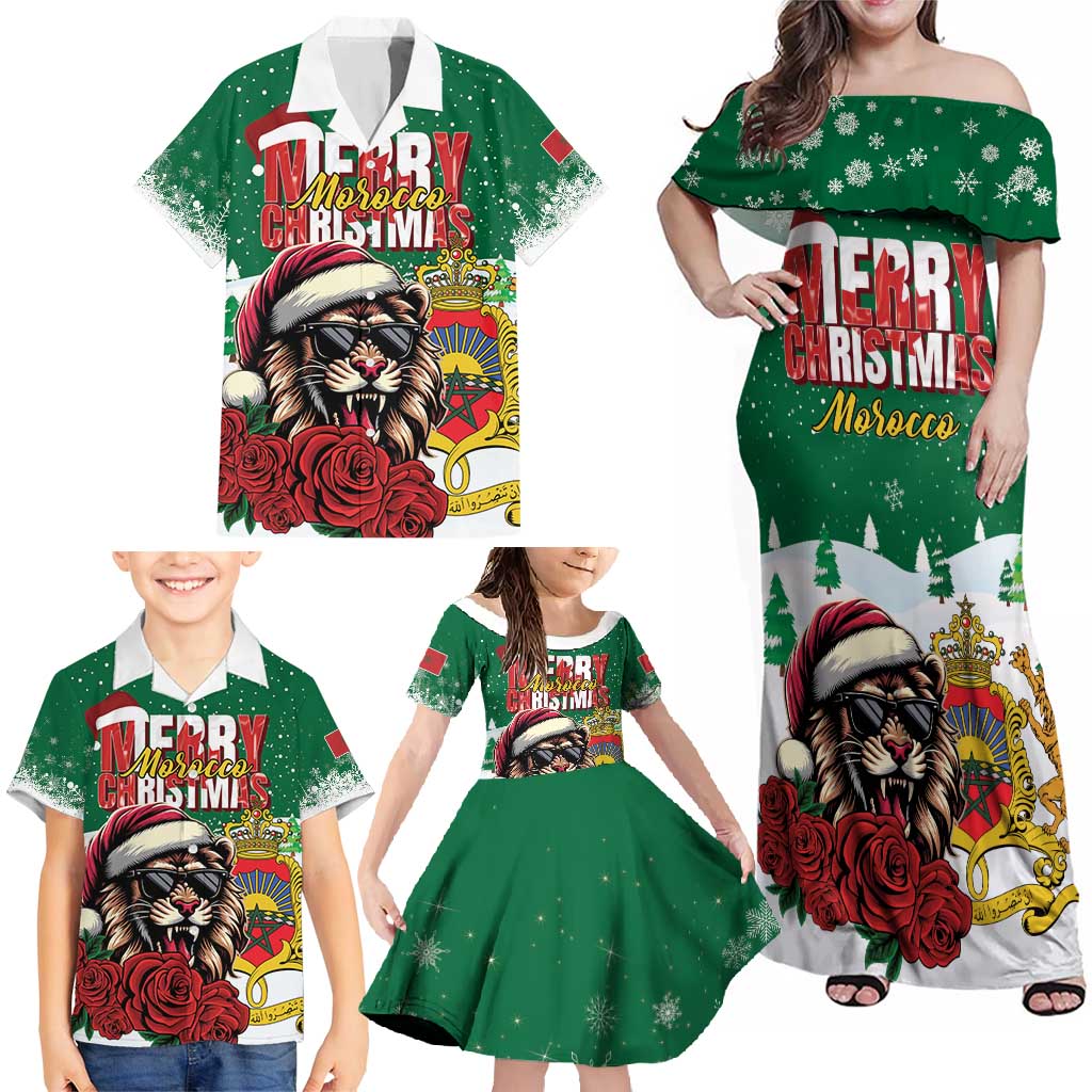 Morocco Christmas Family Matching Off Shoulder Maxi Dress and Hawaiian Shirt Santa Lion With Rose Xmas Vibe - Wonder Print Shop