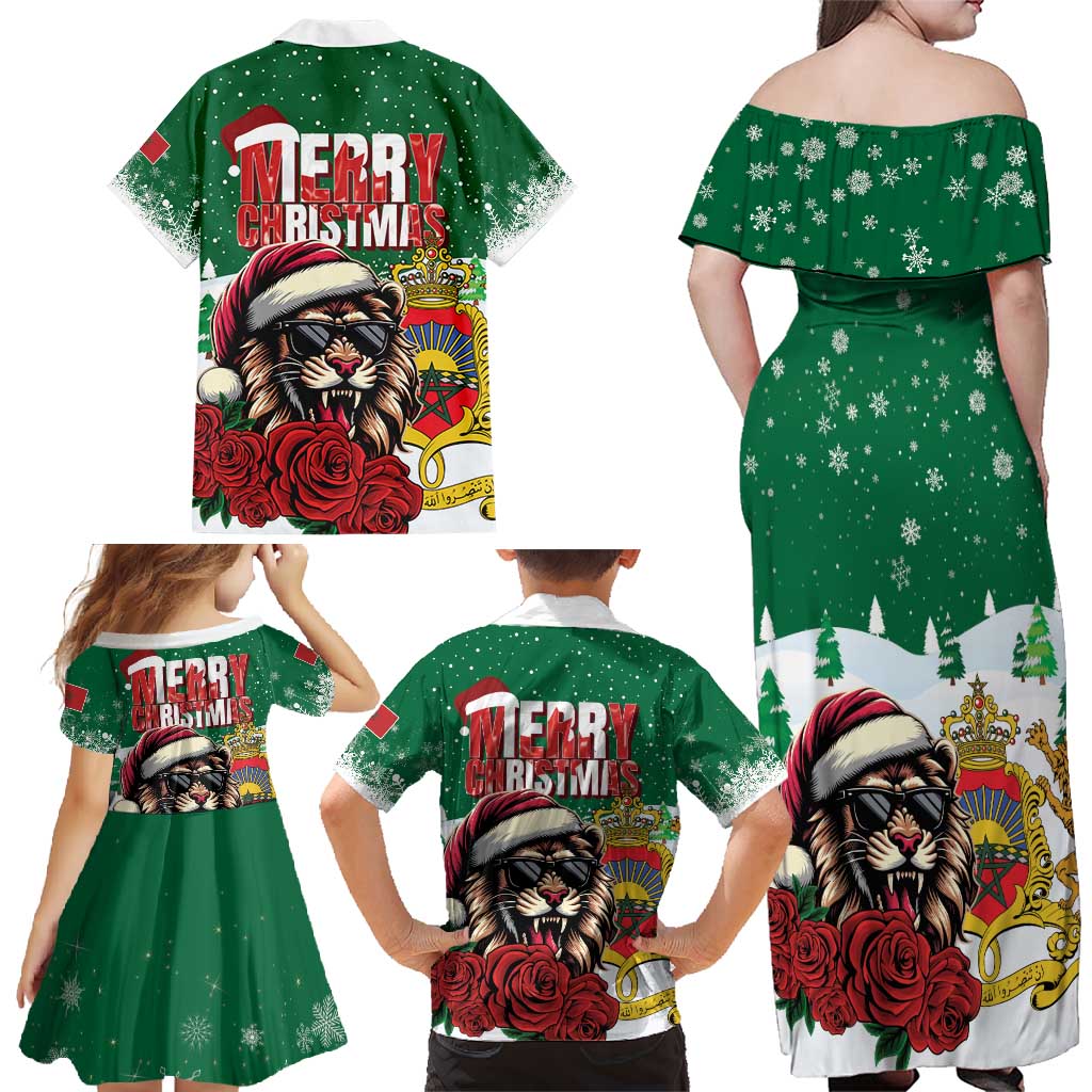Morocco Christmas Family Matching Off Shoulder Maxi Dress and Hawaiian Shirt Santa Lion With Rose Xmas Vibe - Wonder Print Shop