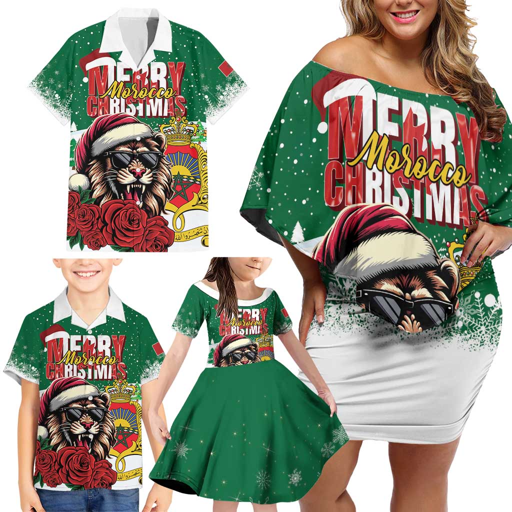 Morocco Christmas Family Matching Off Shoulder Short Dress and Hawaiian Shirt Santa Lion With Rose Xmas Vibe - Wonder Print Shop