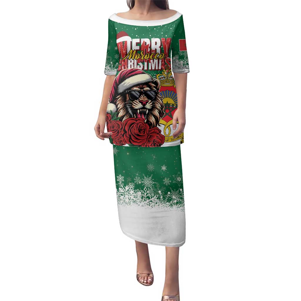 Morocco Christmas Family Matching Puletasi and Hawaiian Shirt Santa Lion With Rose Xmas Vibe - Wonder Print Shop
