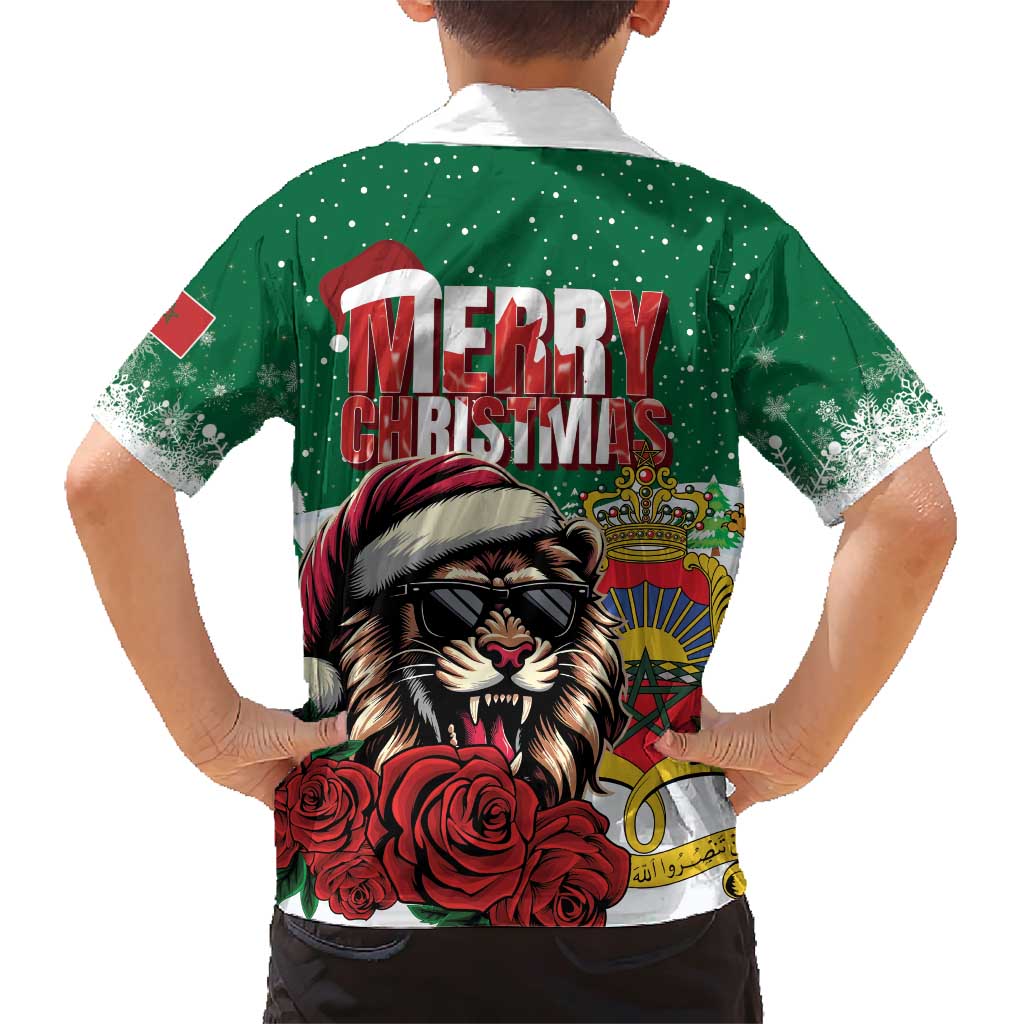 Morocco Christmas Family Matching Short Sleeve Bodycon Dress and Hawaiian Shirt Santa Lion With Rose Xmas Vibe - Wonder Print Shop