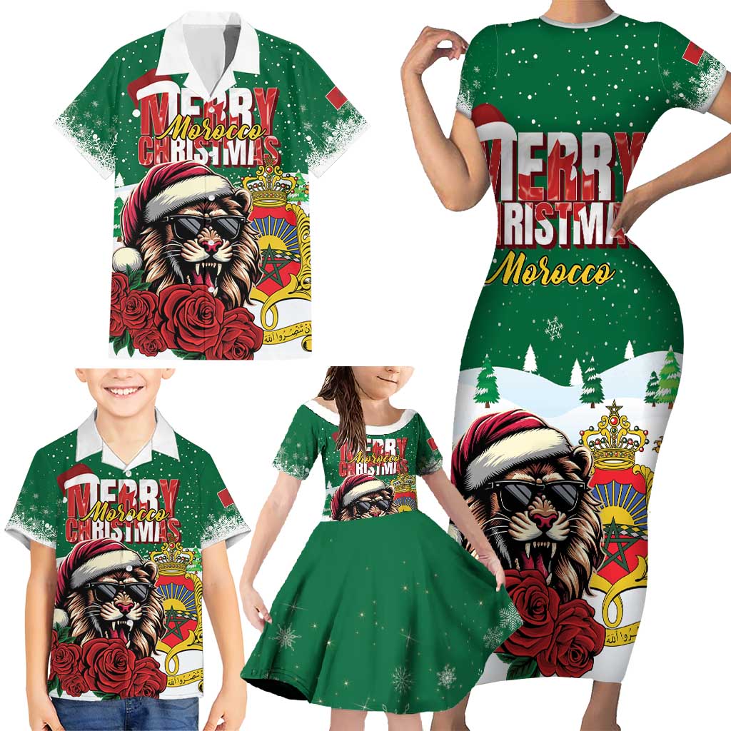 Morocco Christmas Family Matching Short Sleeve Bodycon Dress and Hawaiian Shirt Santa Lion With Rose Xmas Vibe - Wonder Print Shop