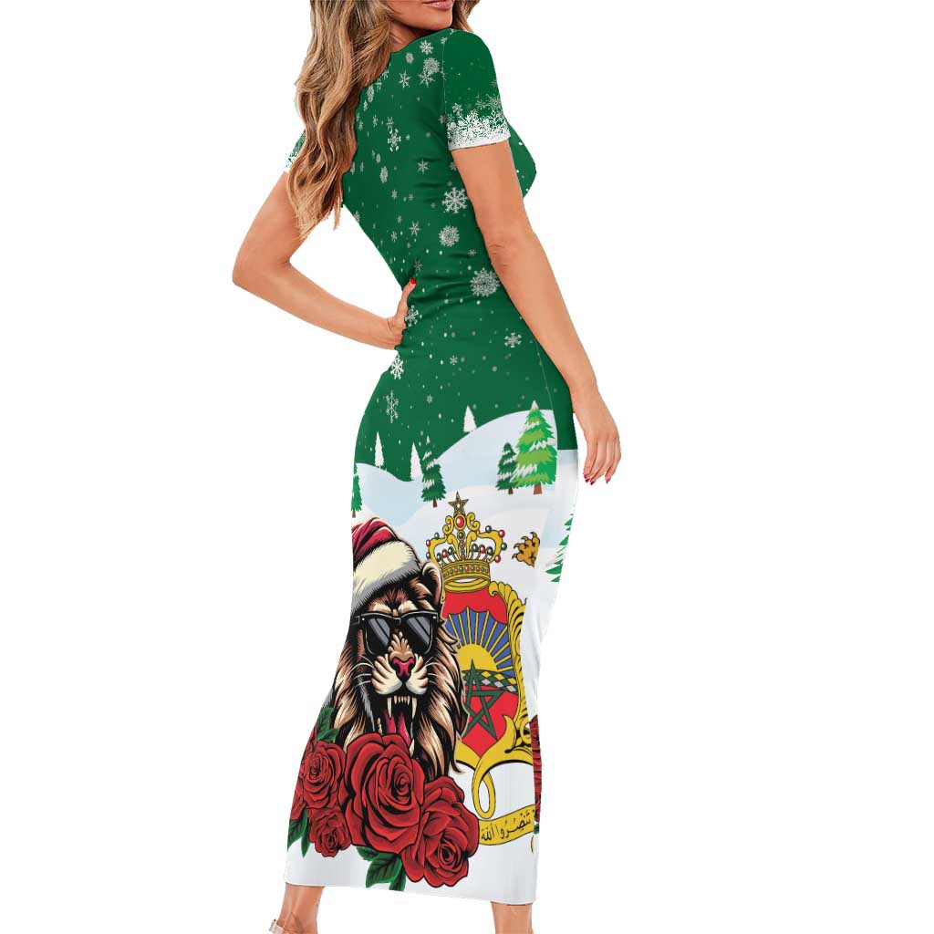 Morocco Christmas Family Matching Short Sleeve Bodycon Dress and Hawaiian Shirt Santa Lion With Rose Xmas Vibe - Wonder Print Shop
