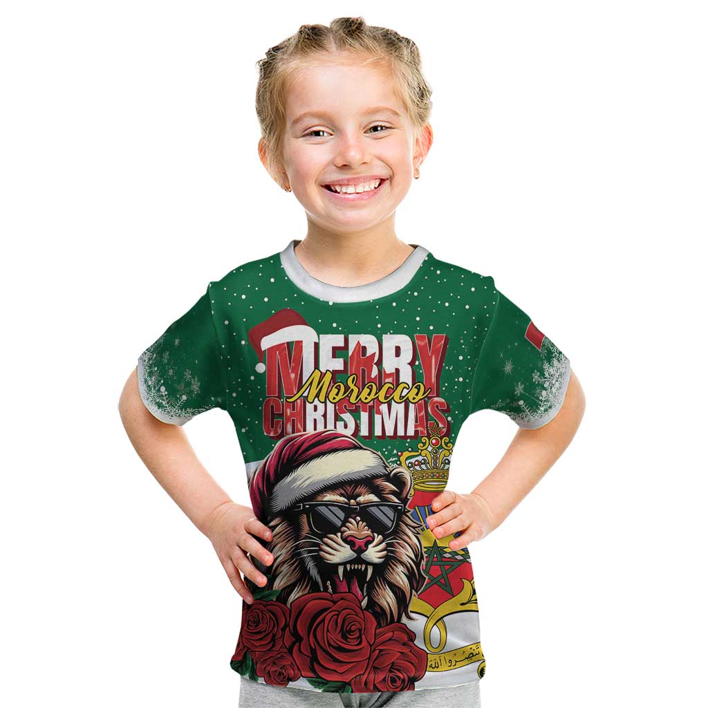 Morocco Christmas Kid T Shirt Santa Lion With Rose Xmas Vibe - Wonder Print Shop