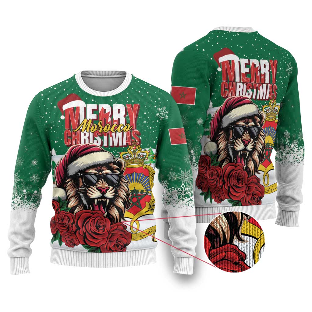 Morocco Christmas Ugly Christmas Sweater Santa Lion With Rose Xmas Vibe - Wonder Print Shop