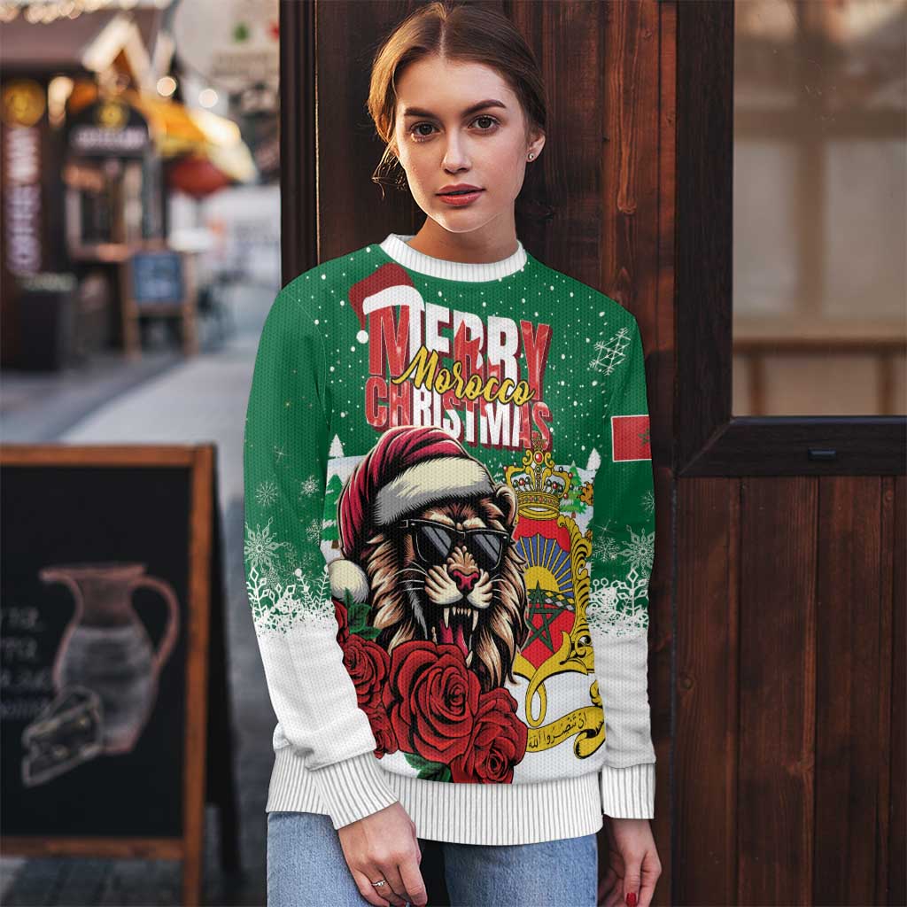 Morocco Christmas Ugly Christmas Sweater Santa Lion With Rose Xmas Vibe - Wonder Print Shop