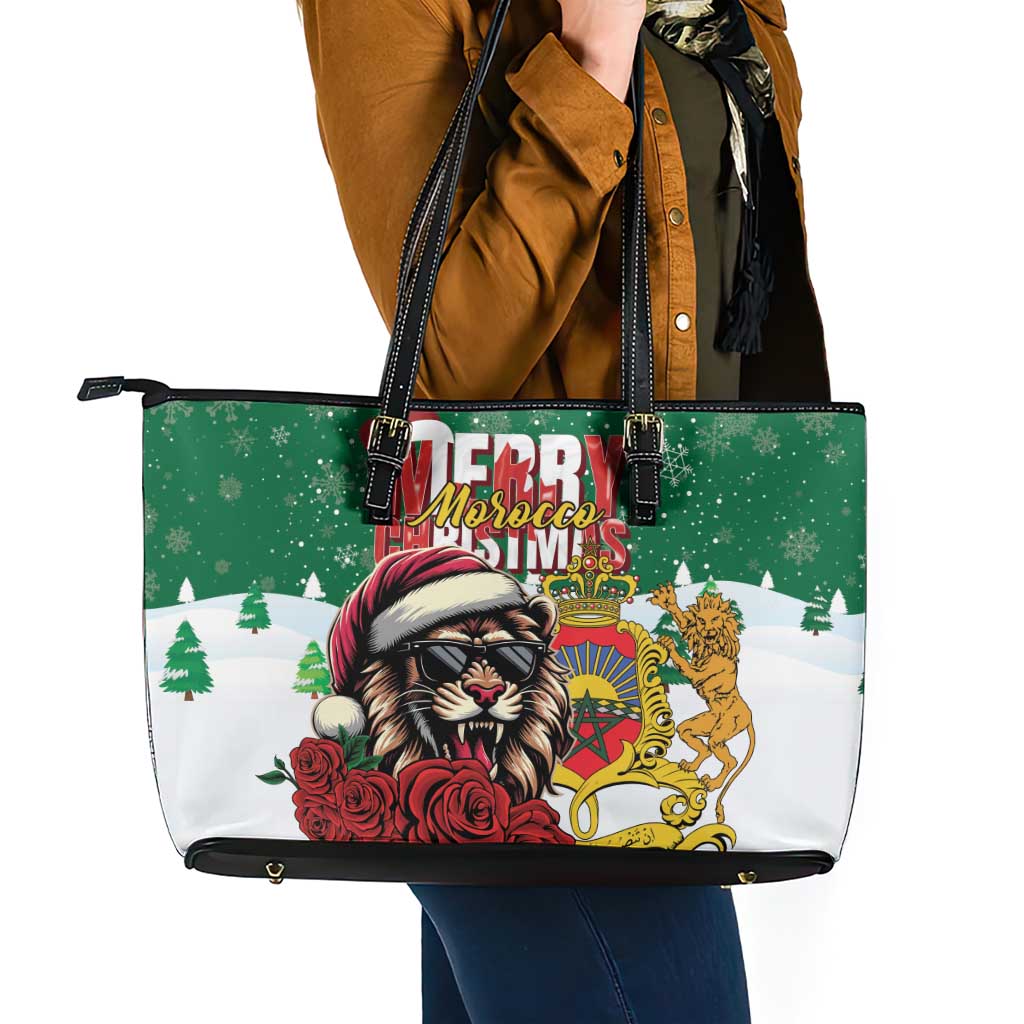 Morocco Christmas Leather Tote Bag Santa Lion With Rose Xmas Vibe - Wonder Print Shop