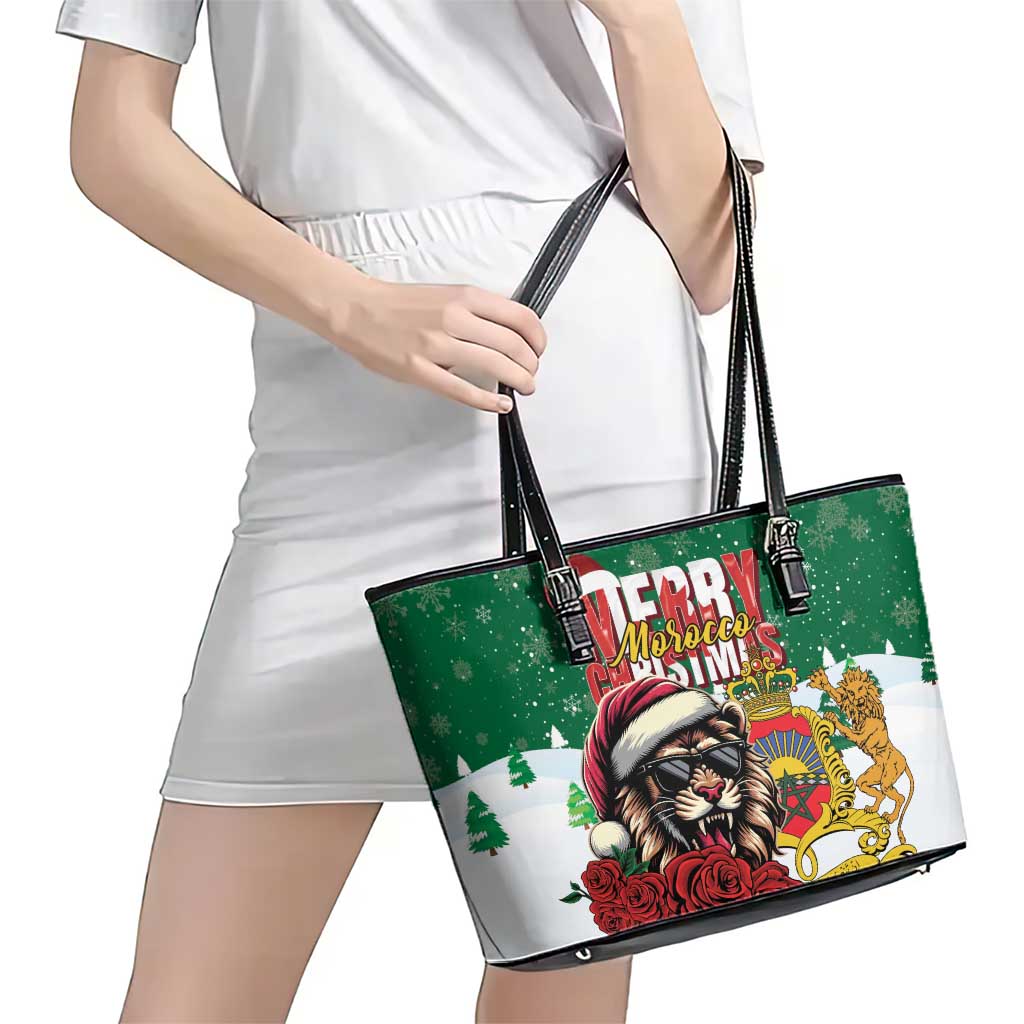 Morocco Christmas Leather Tote Bag Santa Lion With Rose Xmas Vibe - Wonder Print Shop