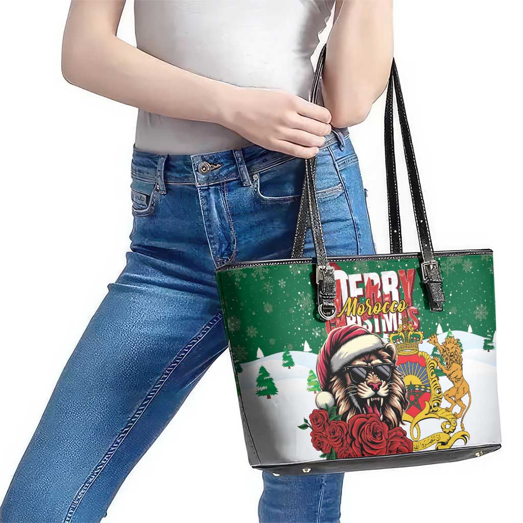 Morocco Christmas Leather Tote Bag Santa Lion With Rose Xmas Vibe - Wonder Print Shop