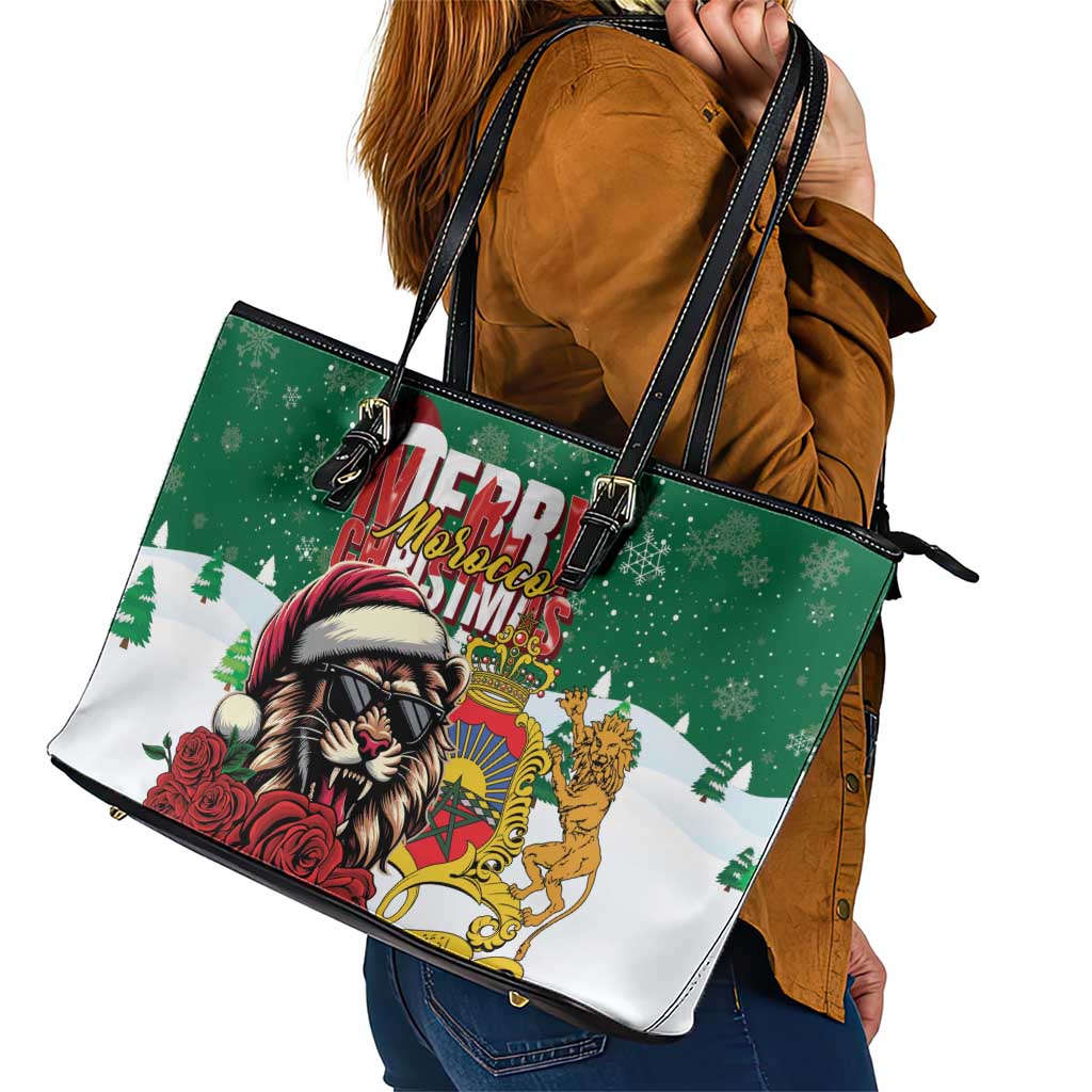 Morocco Christmas Leather Tote Bag Santa Lion With Rose Xmas Vibe - Wonder Print Shop