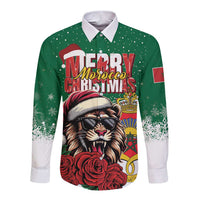 Morocco Christmas Long Sleeve Button Shirt Santa Lion With Rose Xmas Vibe - Wonder Print Shop