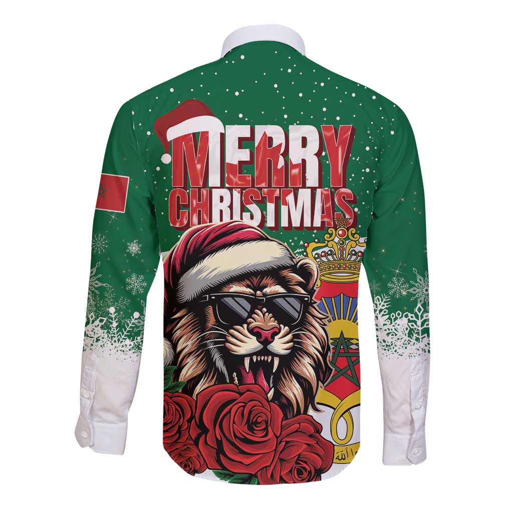 Morocco Christmas Long Sleeve Button Shirt Santa Lion With Rose Xmas Vibe - Wonder Print Shop