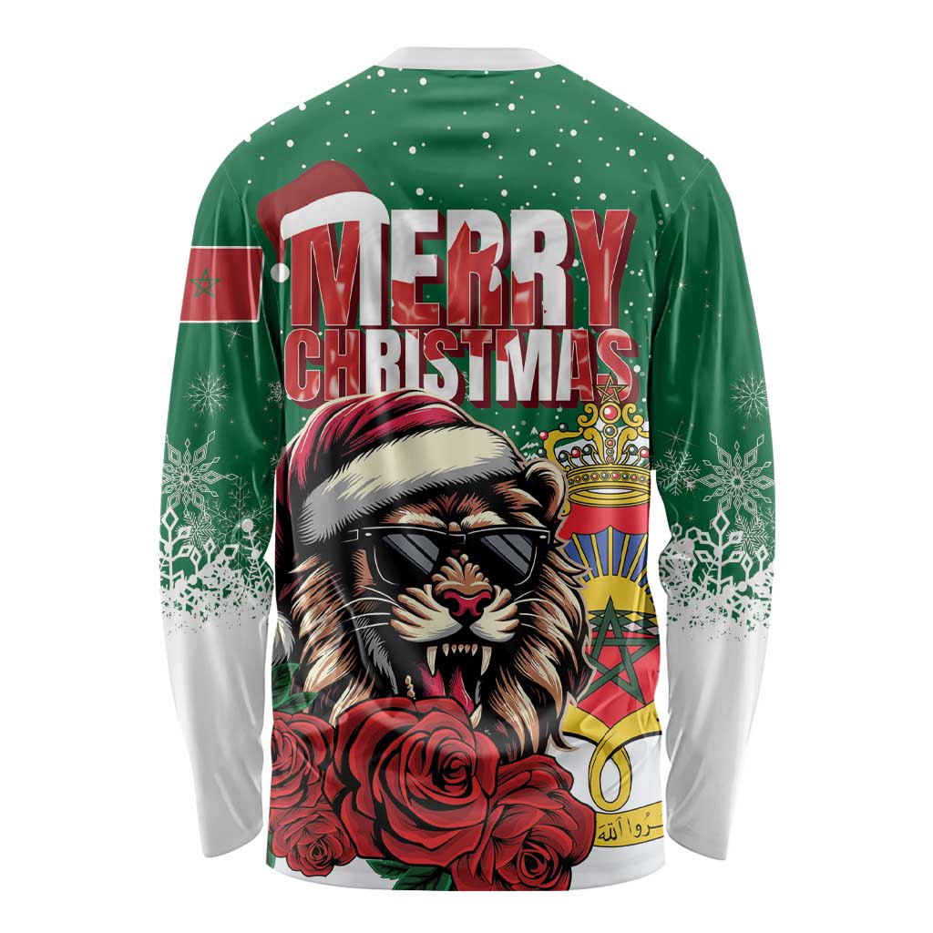 Morocco Christmas Long Sleeve Shirt Santa Lion With Rose Xmas Vibe - Wonder Print Shop