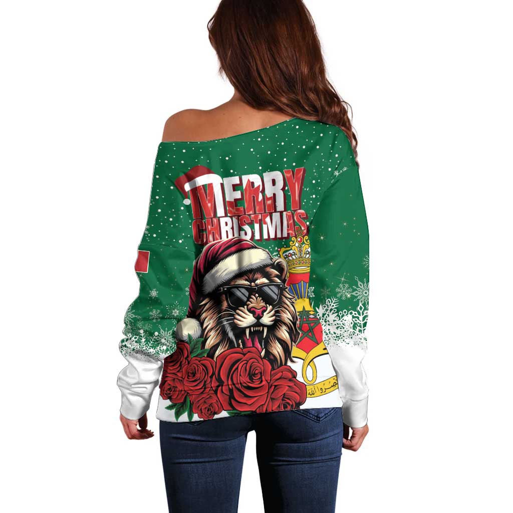 Morocco Christmas Off Shoulder Sweater Santa Lion With Rose Xmas Vibe - Wonder Print Shop