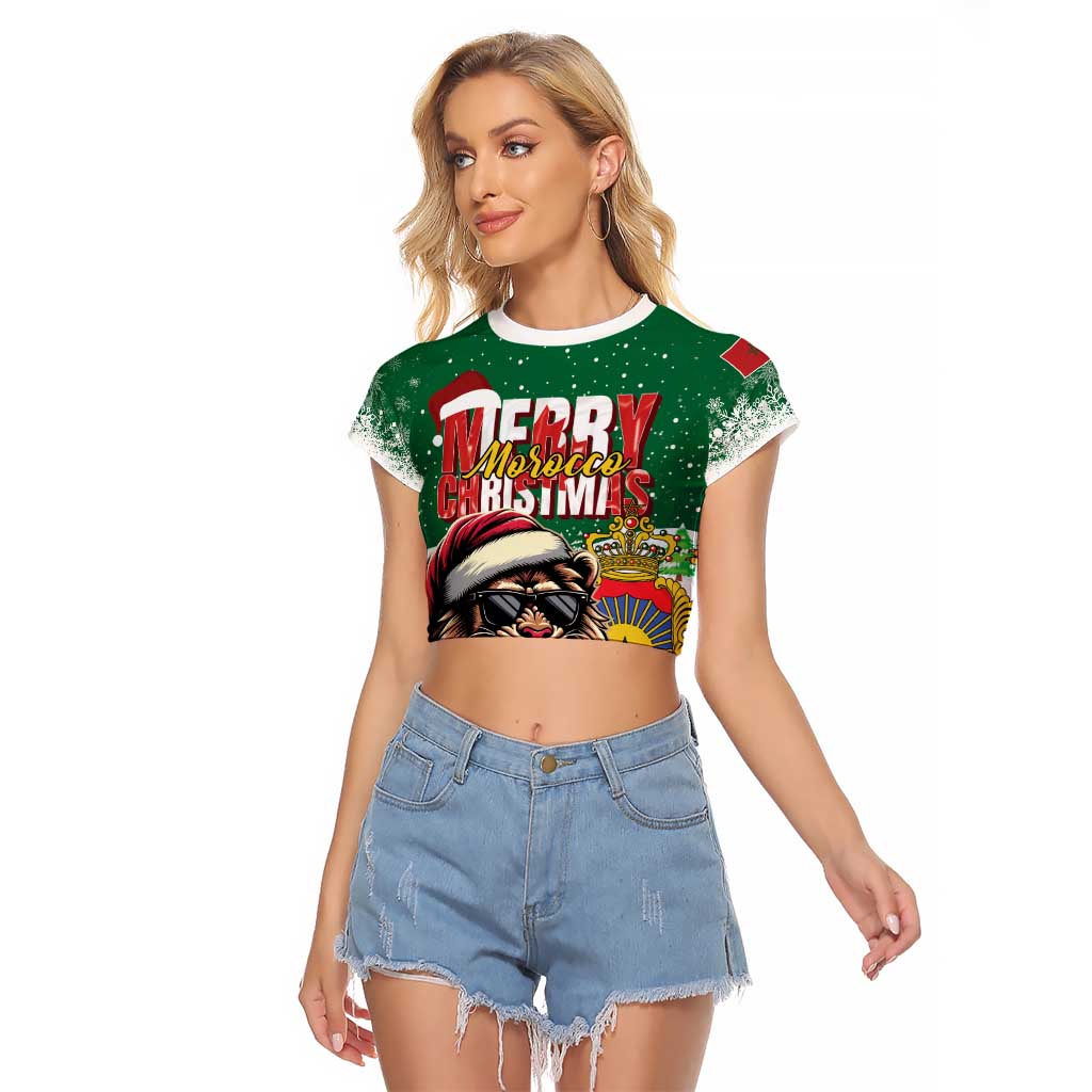 Morocco Christmas Raglan Cropped T Shirt Santa Lion With Rose Xmas Vibe - Wonder Print Shop