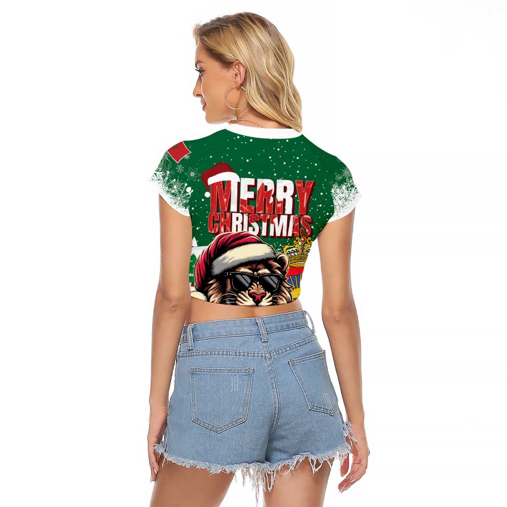 Morocco Christmas Raglan Cropped T Shirt Santa Lion With Rose Xmas Vibe - Wonder Print Shop
