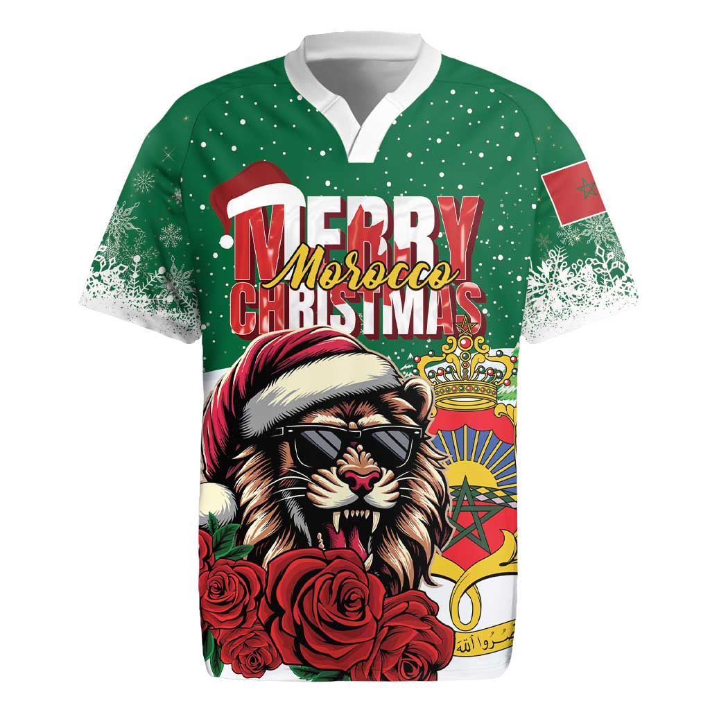 Morocco Christmas Rugby Jersey Santa Lion With Rose Xmas Vibe - Wonder Print Shop