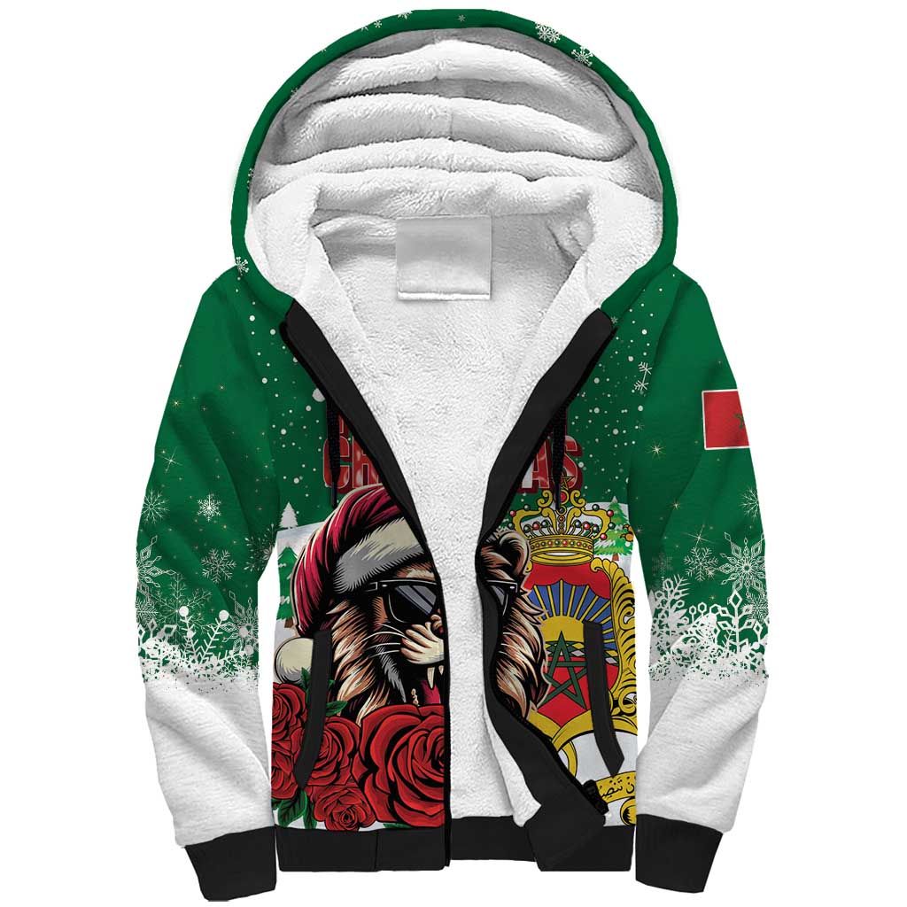 Morocco Christmas Sherpa Hoodie Santa Lion With Rose Xmas Vibe - Wonder Print Shop