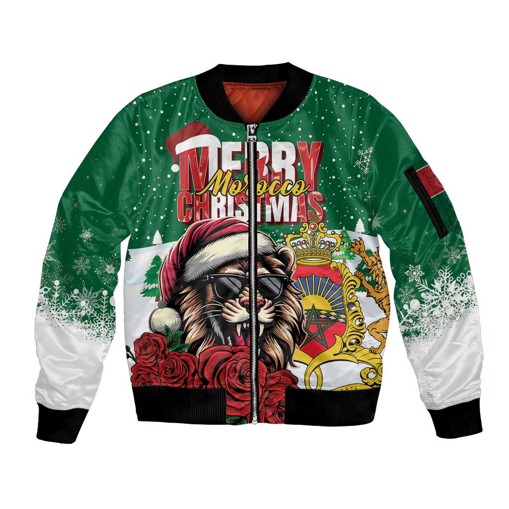 Morocco Christmas Sleeve Zip Bomber Jacket Santa Lion With Rose Xmas Vibe - Wonder Print Shop