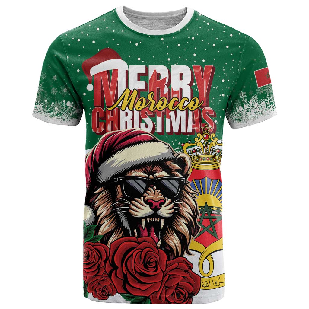 Morocco Christmas T Shirt Santa Lion With Rose Xmas Vibe - Wonder Print Shop