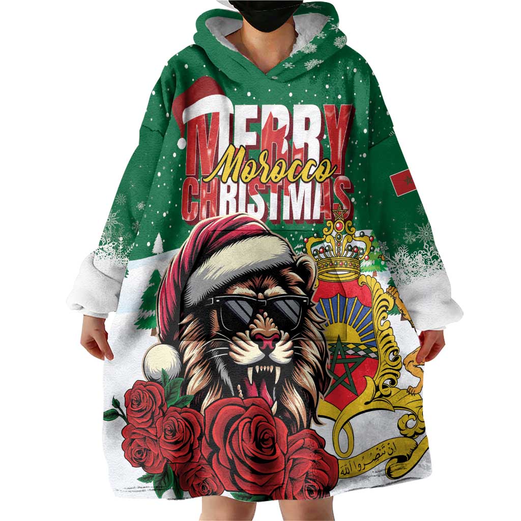 Morocco Christmas Wearable Blanket Hoodie Santa Lion With Rose Xmas Vibe - Wonder Print Shop