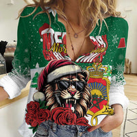 Morocco Christmas Women Casual Shirt Santa Lion With Rose Xmas Vibe - Wonder Print Shop