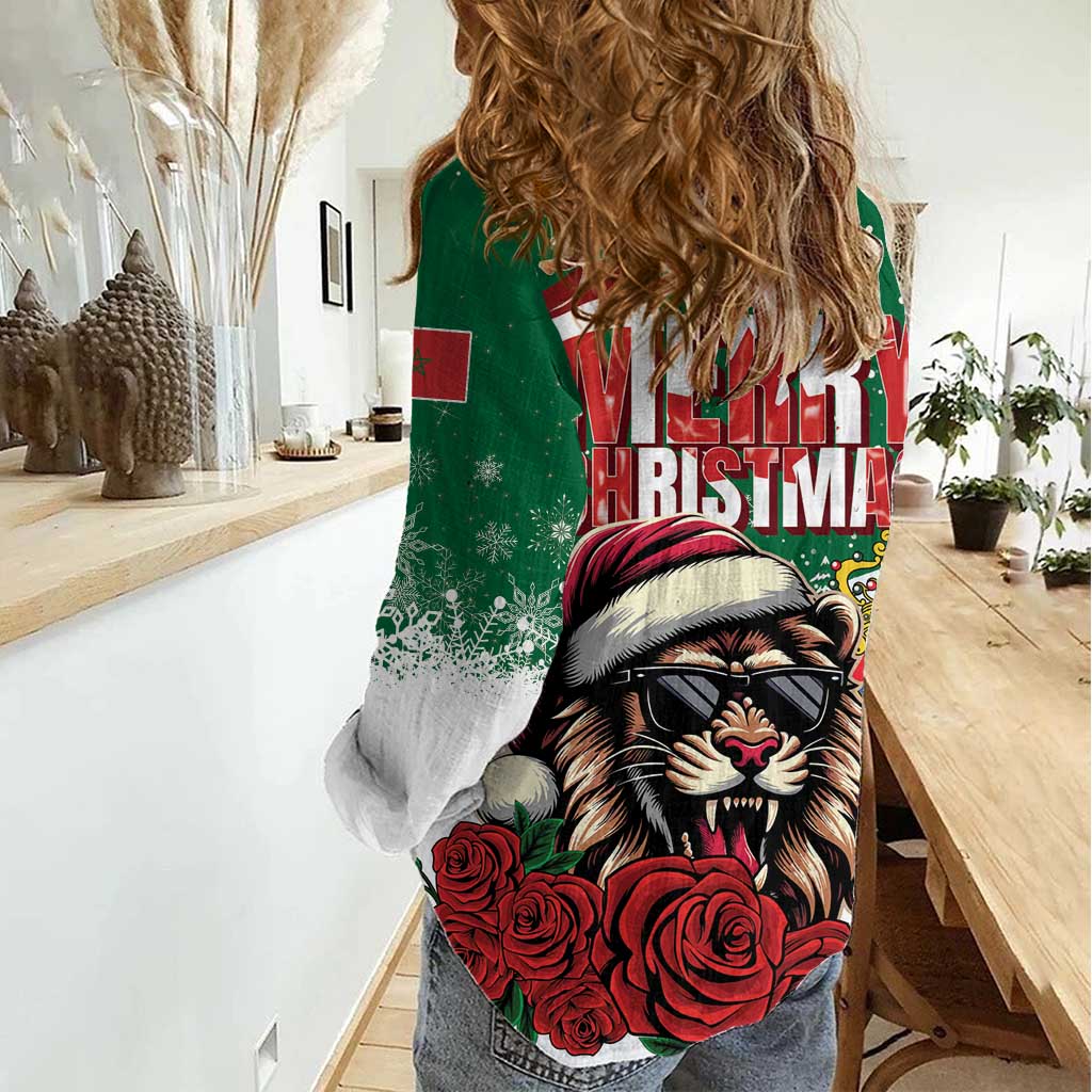 Morocco Christmas Women Casual Shirt Santa Lion With Rose Xmas Vibe - Wonder Print Shop