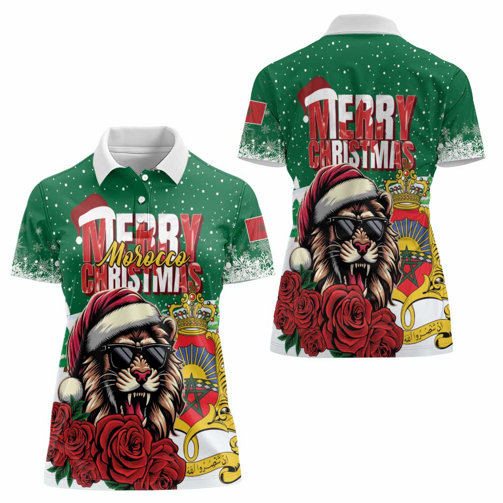 Morocco Christmas Women Polo Shirt Santa Lion With Rose Xmas Vibe - Wonder Print Shop