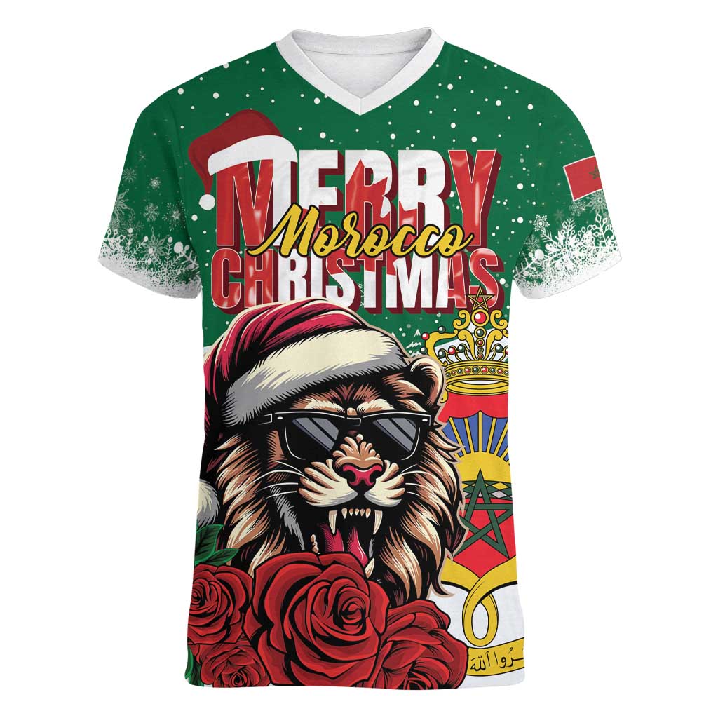 Morocco Christmas Women V-Neck T-Shirt Santa Lion With Rose Xmas Vibe - Wonder Print Shop