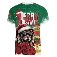 Morocco Christmas Women V-Neck T-Shirt Santa Lion With Rose Xmas Vibe - Wonder Print Shop