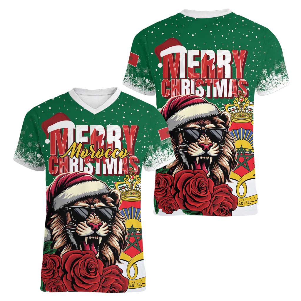 Morocco Christmas Women V-Neck T-Shirt Santa Lion With Rose Xmas Vibe - Wonder Print Shop