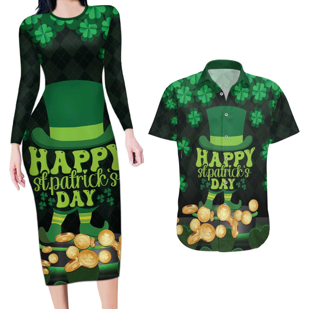 Ireland St Patrick's Day Couples Matching Long Sleeve Bodycon Dress and Hawaiian Shirt Irish Shamrocks Leprechaun