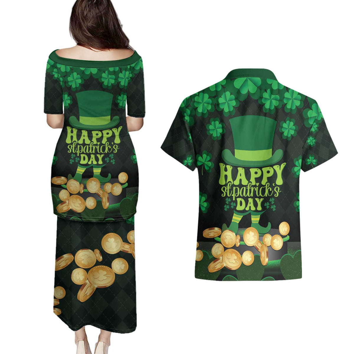 Ireland St Patrick's Day Couples Matching Puletasi and Hawaiian Shirt Irish Shamrocks Leprechaun