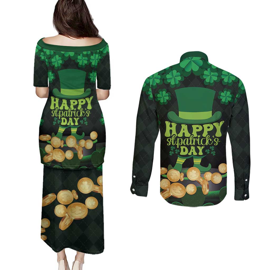 Ireland St Patrick's Day Couples Matching Puletasi and Long Sleeve Button Shirt Irish Shamrocks Leprechaun